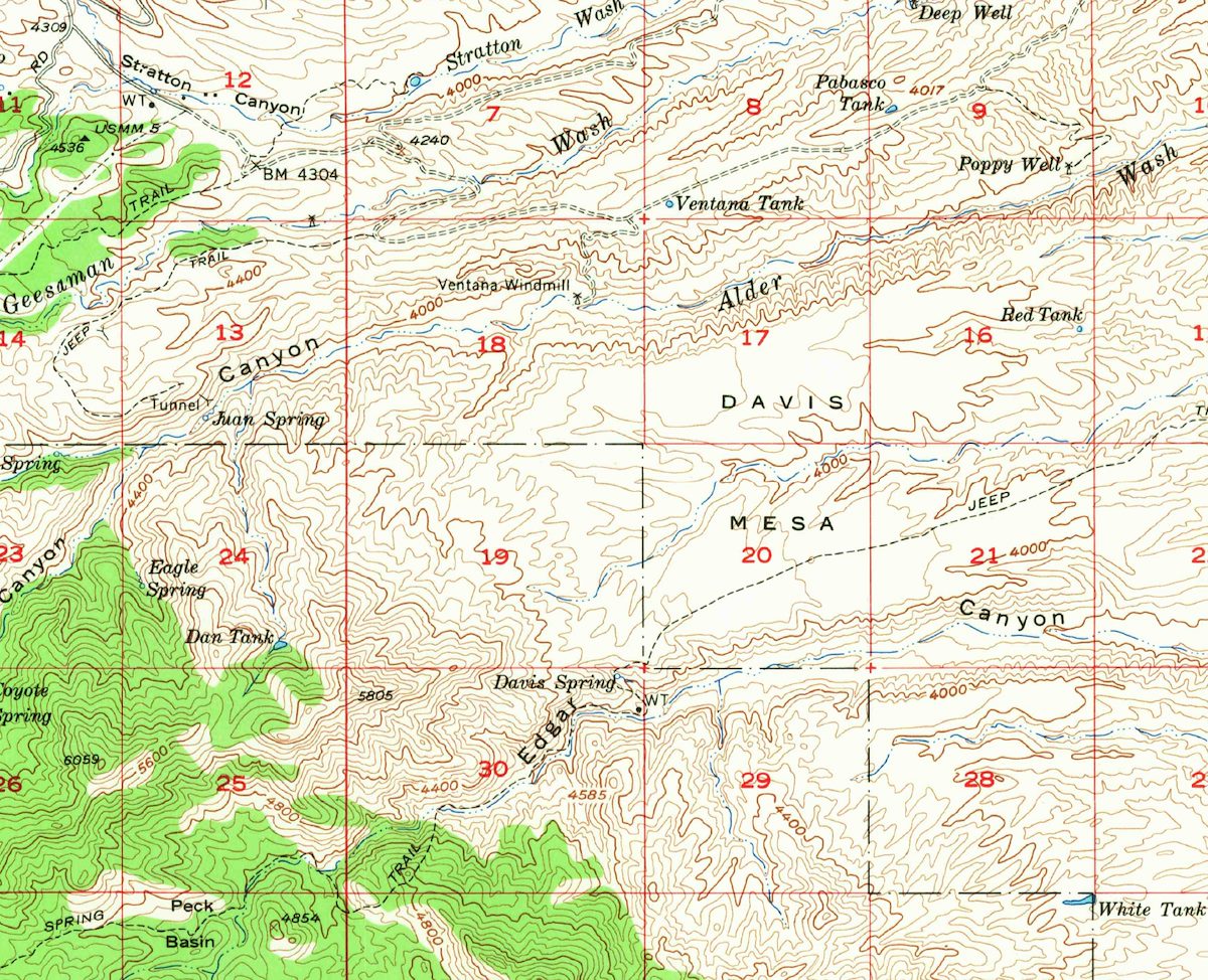 Bellota 1957 USGS Topo Map showing Alder Canyon and Davis Spring