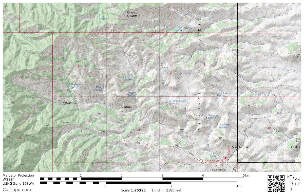 Map of the area between Evans Mountain and the Brush Corral Trailhead