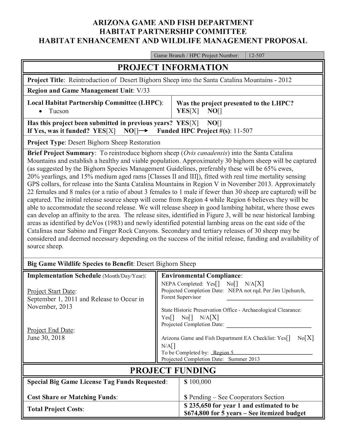 2012 Bighorn Sheep Reintroduction Proposal Cover Page