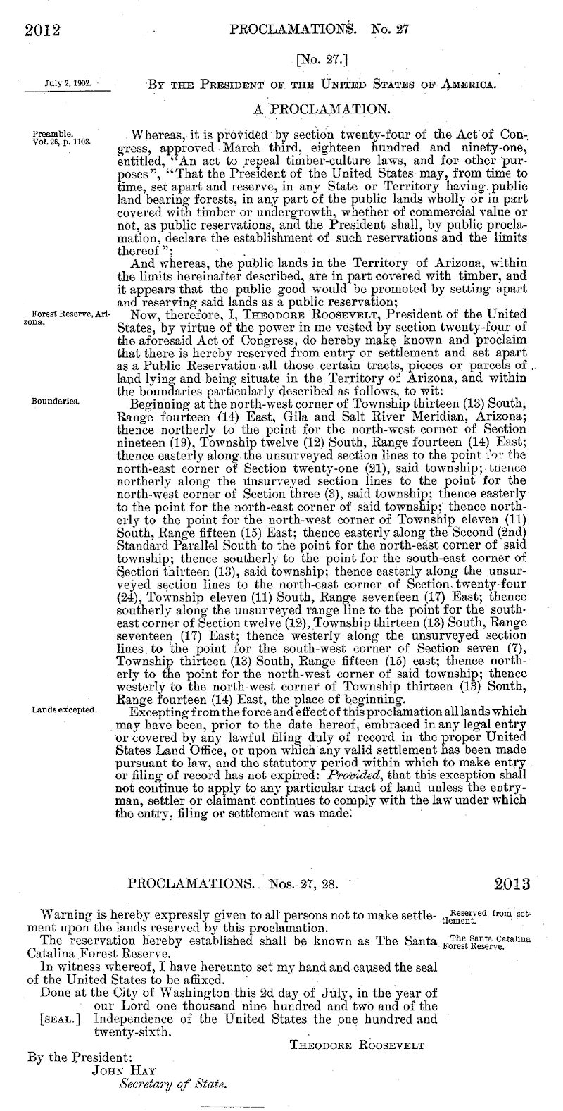 1902 Presidential Proclamation Creating the Santa Catalina Forest Reserve