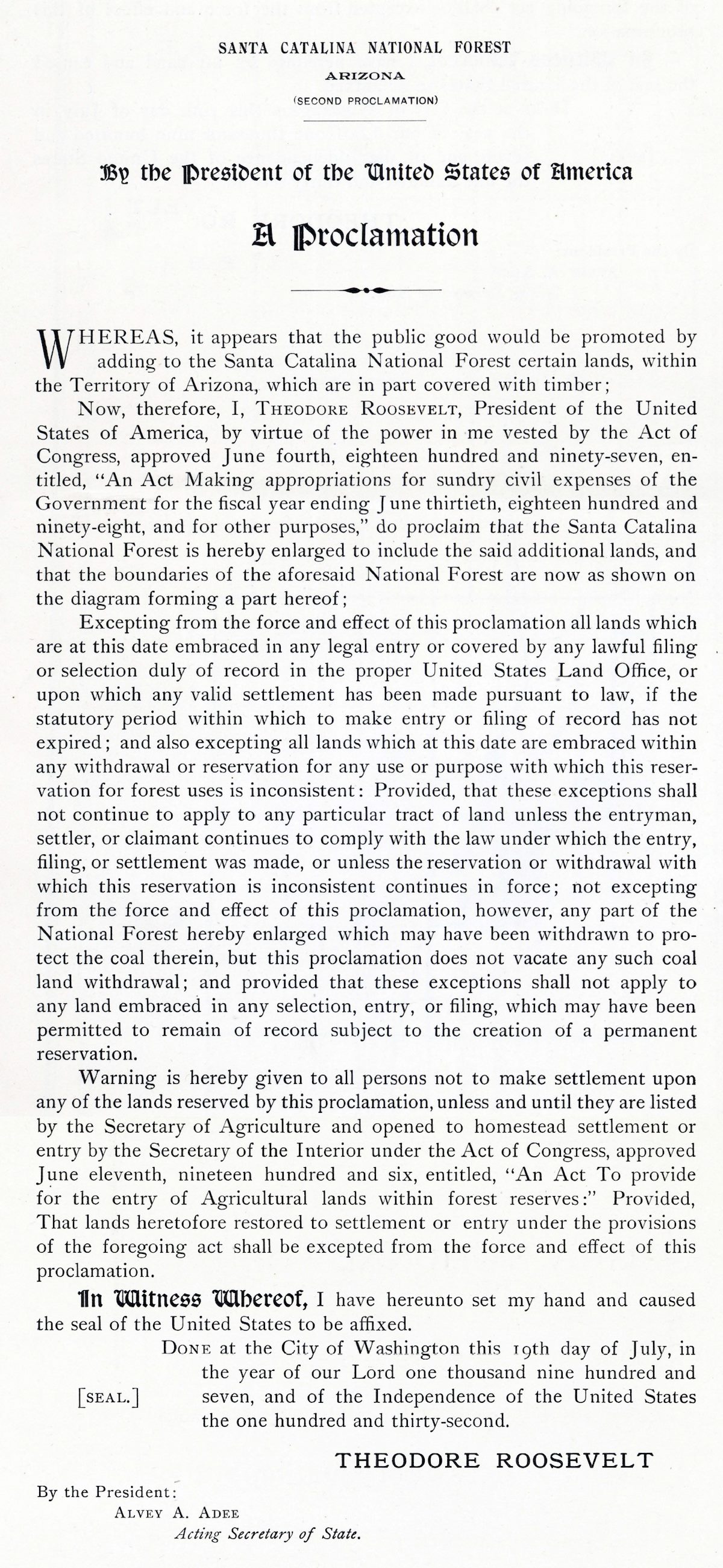 Santa Catalina National Forest 1907 Expansion Proclamation