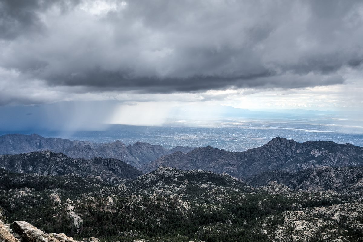 2014 August Clouds Sun and Curtains of Rain from below the Lemmon Rock Lookout