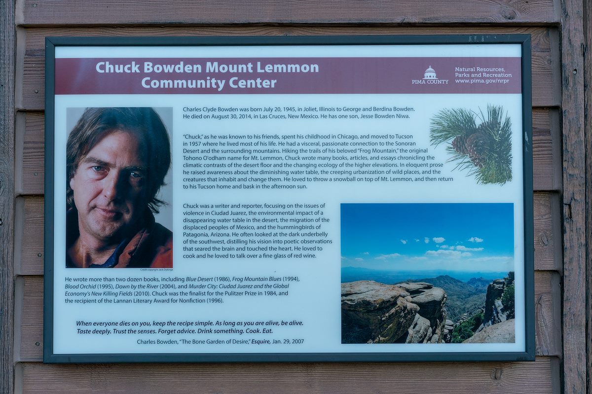2018 June Chuck Bowden Sign on the Mount Lemmon Community Center