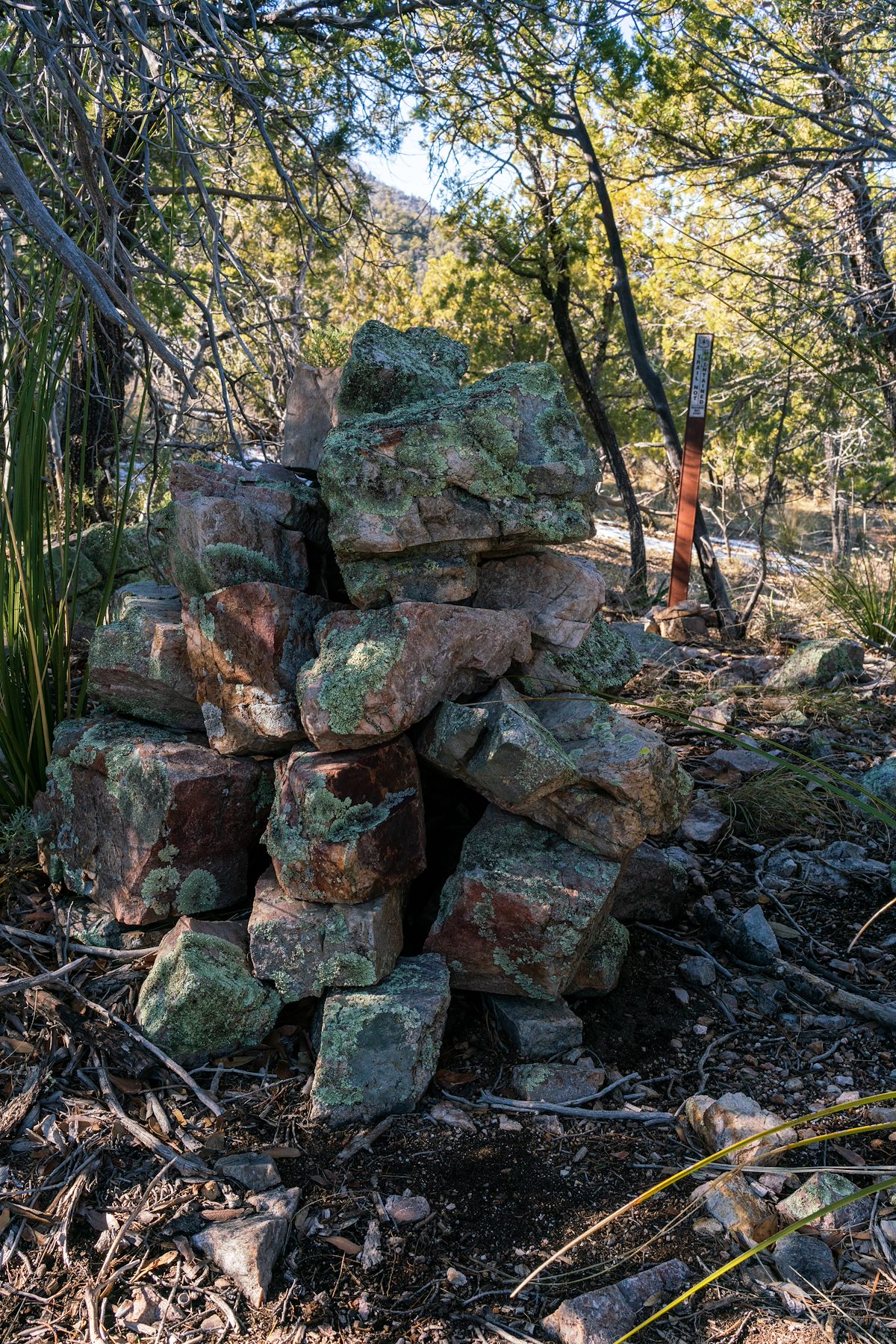 2019 February Large Cairn and Carsonite Sign marking the end of the maintained section of the Knagge Trail