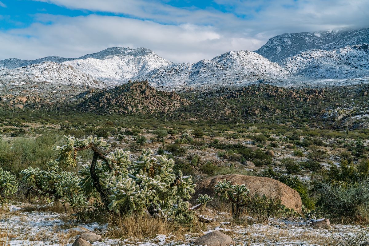 2019 January Looking towards a snowy Charlouea Gap from the Golder Ranch area