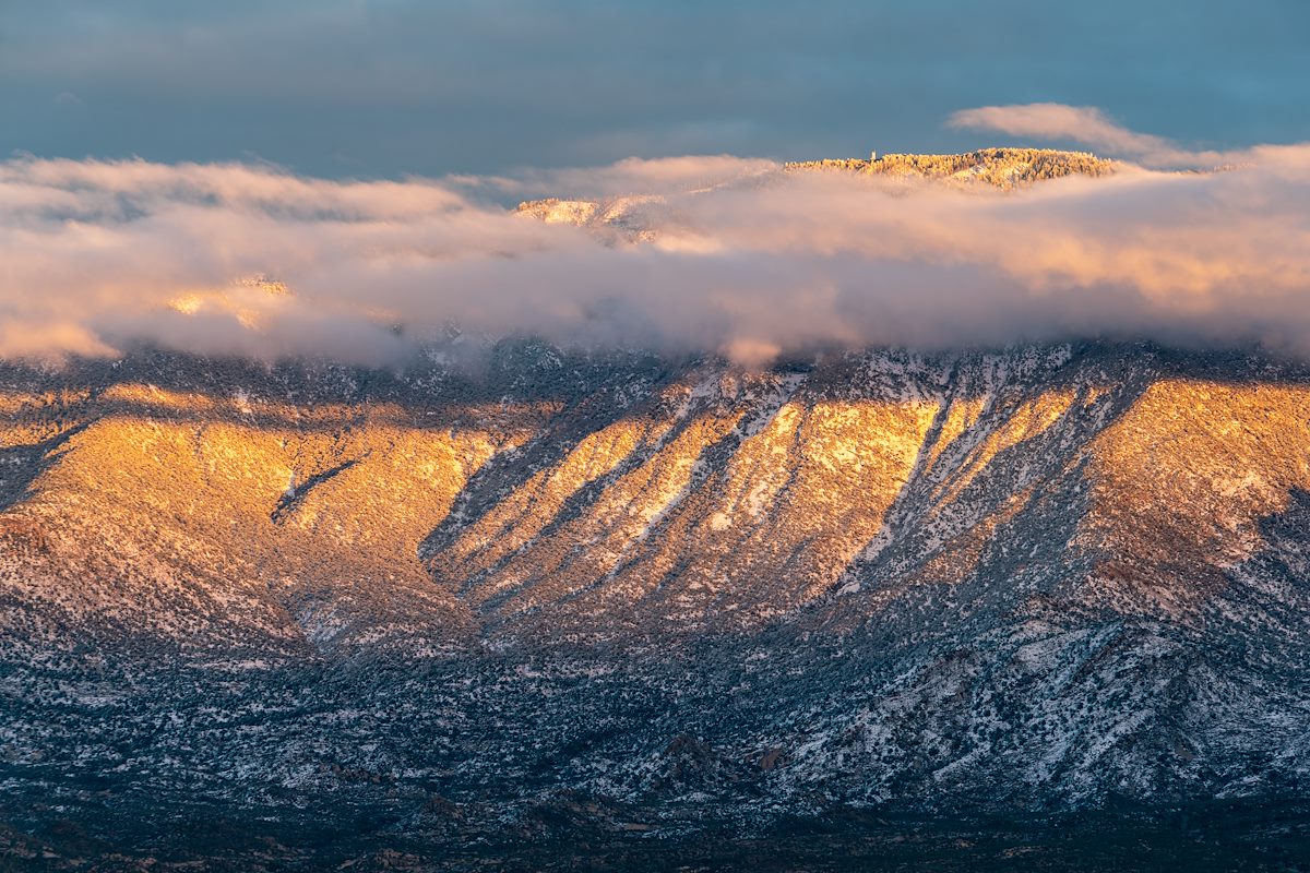 2019 January Sunset on a snowy Mount Lemmon from Honey Bee Canyon Park